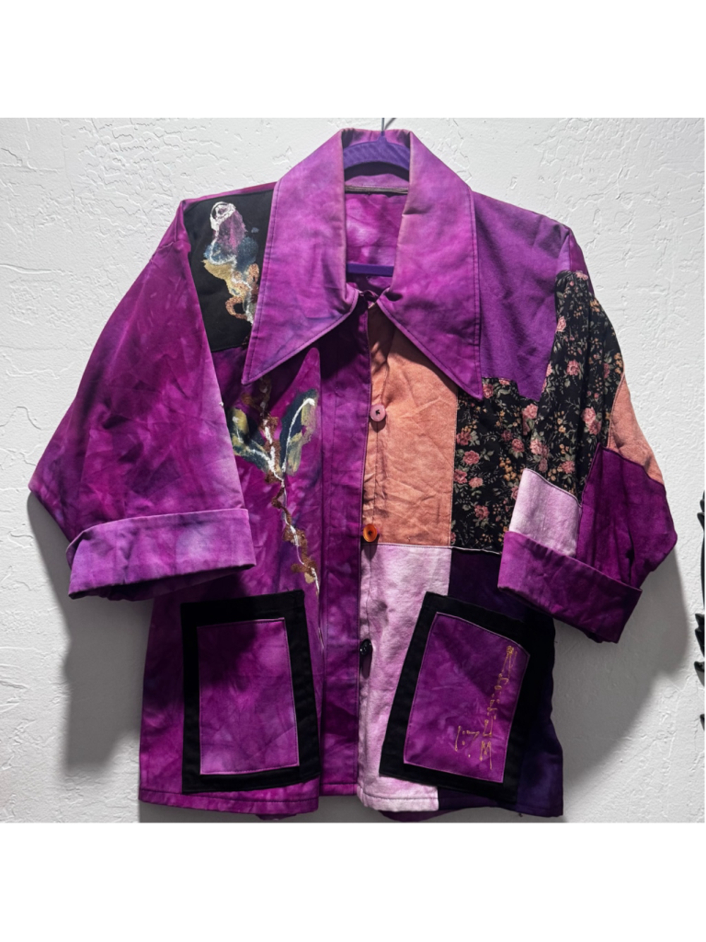 Handmade Design Art Dyed Patchwork Size M Purple Black Floral